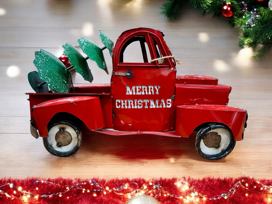 Red Truck with Christmas Tree Metal Statue